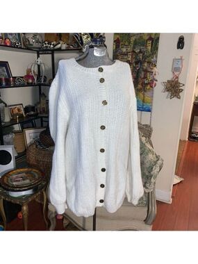 Women's home made White Cardigan with Gold floral Buttons Large